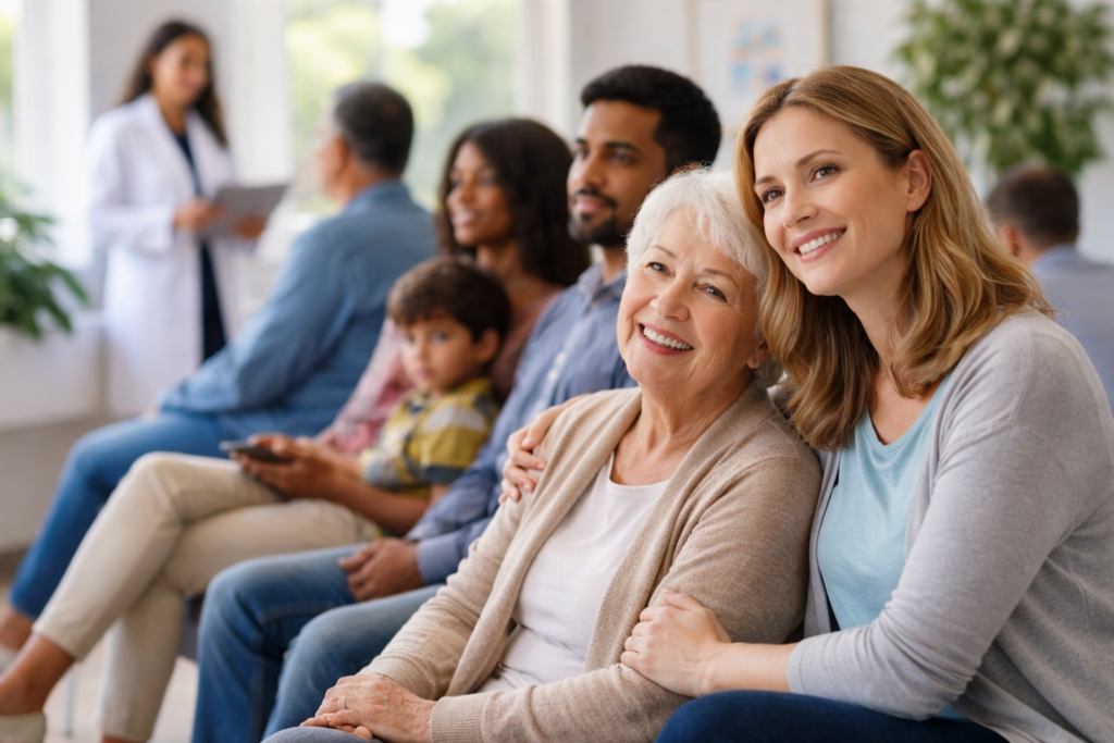 An adult daughter sitting beside her elderly mother in a healthcare waiting area, representing families in British Columbia seeking access to primary care.