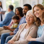 An adult daughter sitting beside her elderly mother in a healthcare waiting area, representing families in British Columbia seeking access to primary care.
