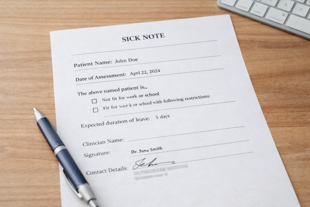 A sample Canadian sick note template with patient name, date, clinician signature, and work fitness statement.